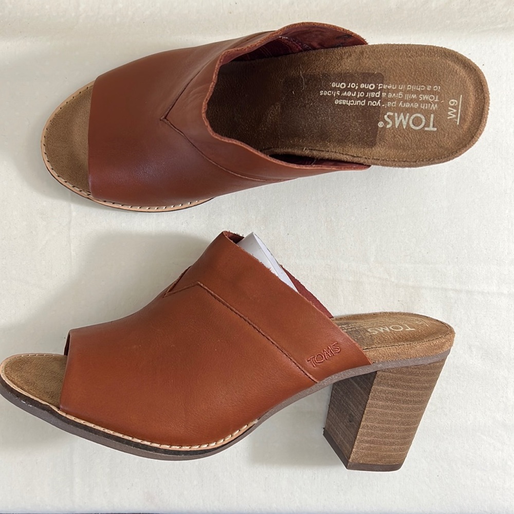 Toms Majorca Mule Cognac Brown Open Toe Leather Slide Block Heel Shoes Size 9